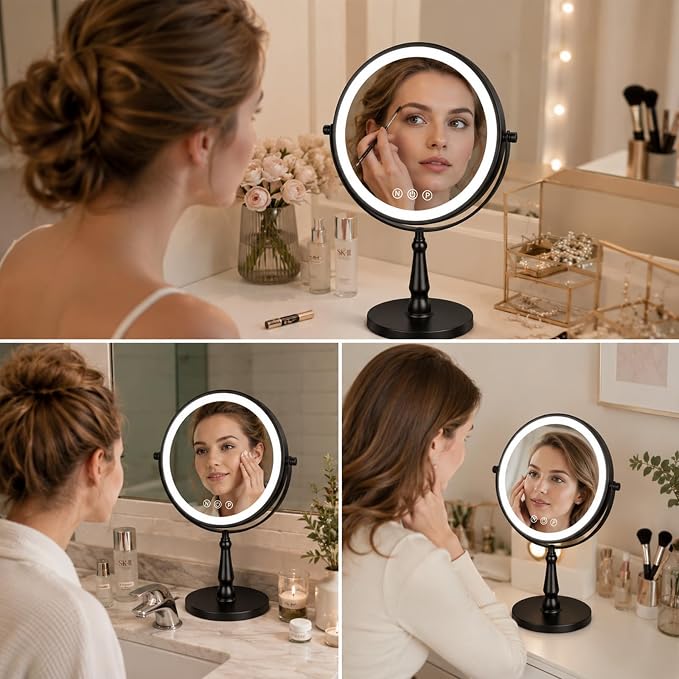 Vanity Mirror with Lights, 10X Magnifying Mirror with Light for Women, 2000 mAh Makeup Mirror with Lights and 3 Colors, 360 Degree, 2-Sided, 9 Inch, Black