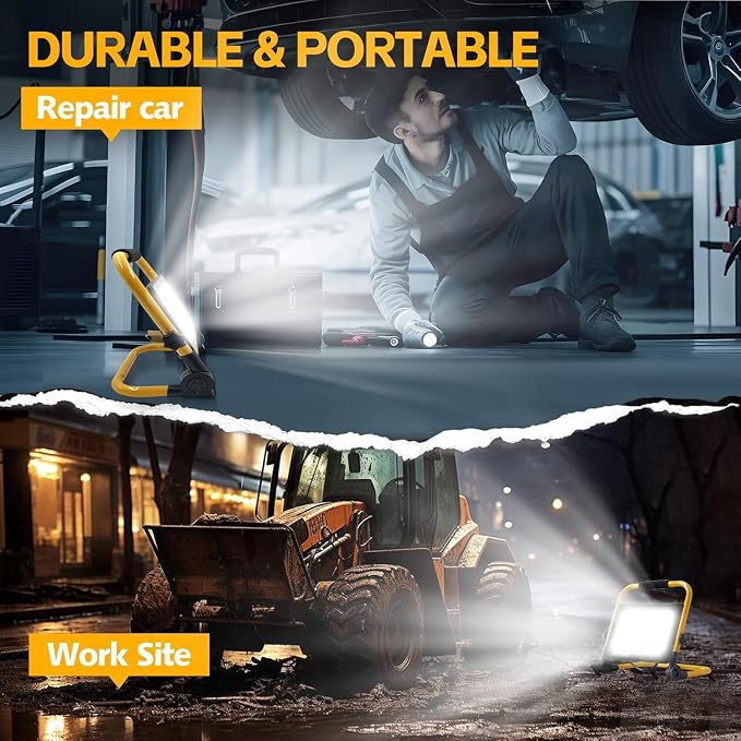 LED Work Lights with Stand, Adjustable Work Light, (1 Adjustable Head) | Waterproof Foldable Tripod, 6,500 Kelvin, Extended Cord for Outdoor & Indoor Job Sites, Workshops