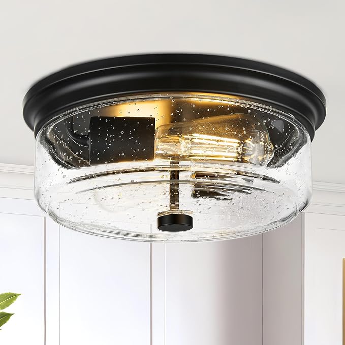 Flush Mount Ceiling Light Fixture, 2-Light Black 12 Inch Farmhouse | Industrial Seeded Glass Shade , Light Fixtures Ceiling Mount, for Kitchen Hallway Bedroom Bathroom Entryway Foyer