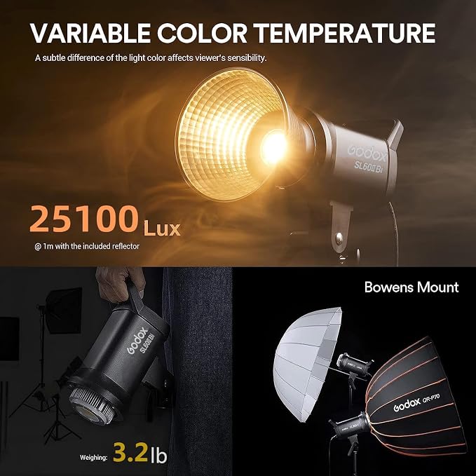 Godox SL60IIBi Bi-Color LED Video Light, 75W 25100Lux@1M CRI 96+ 11 FX Effects APP Control Bowens Mount Photography Continuous Light for Photography&Video