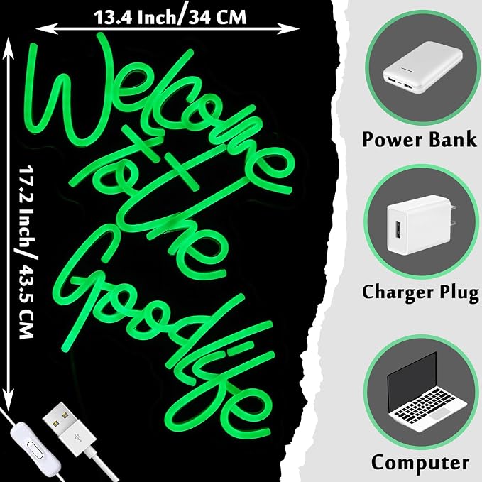 Welcome To The Good Life Neon Signs for Wall Decor LED Neon Light Signs USB Letter Light Up Sign for Bedroom Kids Room Birthday Christmas Party Wedding Bar Decoration Gifts(13.4x17.2 inch)