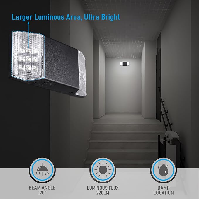 TORCHSTAR 8-Pack LED Emergency Lighting with Battery Backup Black | Commercial Emergency Lights, UL Listed, Two Square Heads, AC 120/277V, Hardwired Emergency Exit Light Fixtures for Business