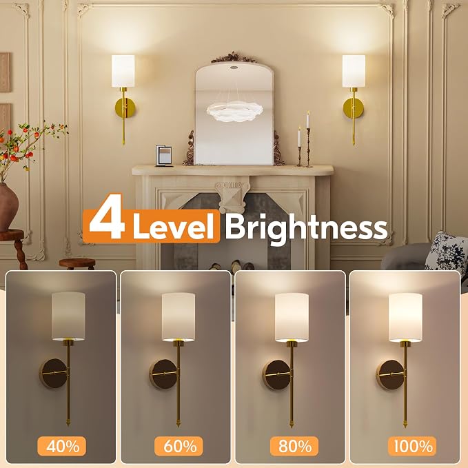 20.67 inch Battery Operated Wall Sconce Set of 2, Gold Rechargeable Wall Lights with 10400mAh Dimmable Bulbs and Remote, 9 Colors Wireless Wall Lamps for Bedroom Living Room Hallway
