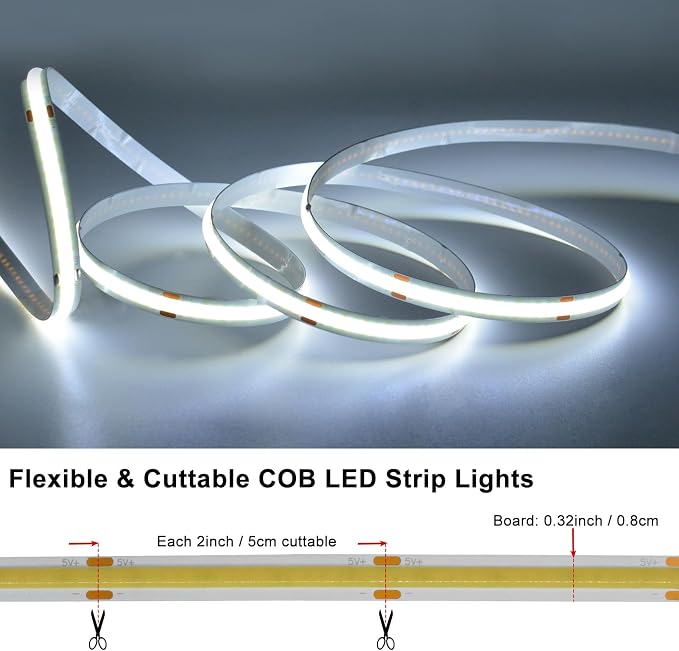 Battery Operated COB LED Strip Lights 6.6Ft 640 LED Dimmable Light Strip | Cuttable Flexible LED Tape Light for TV Cabinet Bedroom Kitchen Home Decoration DIY Lighting (Cool White 6000k)