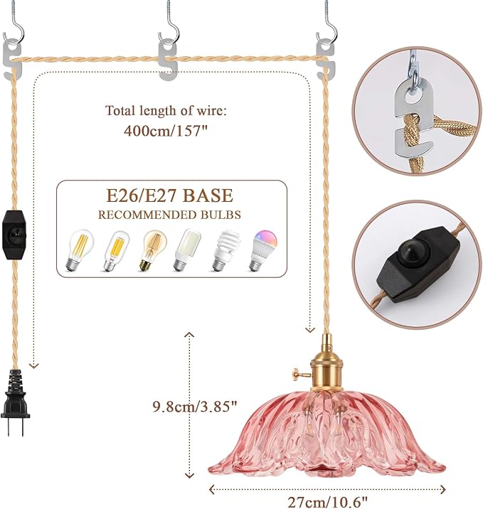Plug in Pendant Light Fixtures,Hanging Light Fixture Corded On/Off Switch,10.6in E26 Pink Glass Lampshade Pendant Lighting for Kitchen Island, Bedroom, Dining Room