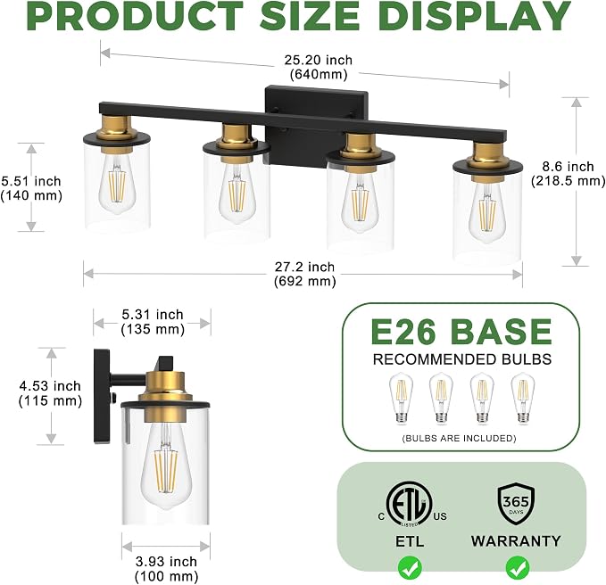 4-Light Black and Gold Bathroom Light Fixture with 4 Bulbs | Modern Vanity Mirror Light, Black Gold Vanity Light Fixture With Glass Shade and Bulbs, Wall Sconce for Bedroom Hallway