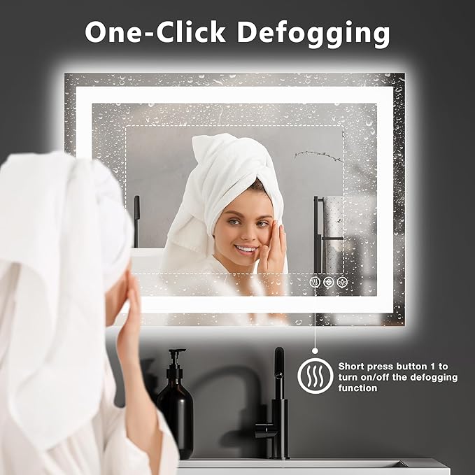 DUMOS 24"x32" Smart Anti-Fog LED Bathroom Mirror with Front Light & Backlit, 3 Color Temperatures, Dimmable, Memory Function, Rectangle Modern Vanity Mirror