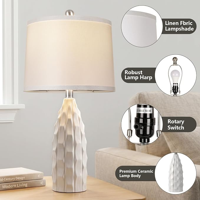 WIHTU 24" Ceramic Table Lamps Set of 2, Modern Nightstand Light, White | Linen Shade, 3 Color Temps, Farmhouse/Boho Style, Bedroom/Living Room/Office decor, Ideal Gifts, 2 Bulbs Included, E26 Base