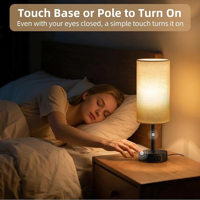 Table Lamp for Nightstand, High-Sensitivity Touch, 3-Level Dimmable Bedside Lamp with AC Outlet | USB | and USB-C, Ideal Night Stand Lamp for Bedroom, Reading, Living Room (Beige&Black)