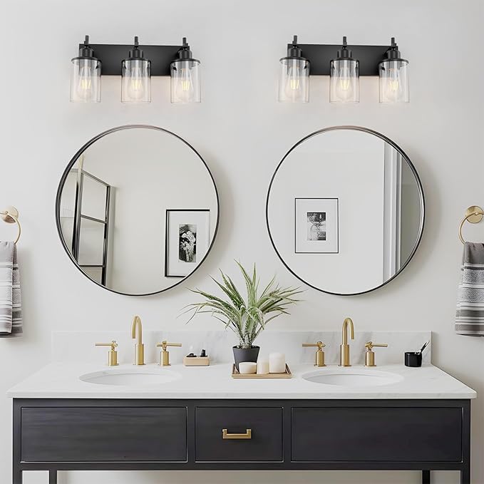 3-Light Black Bathroom Light Fixture Over Mirror Modern Farmhouse Bathroom Vanity Light Vintage Wall Lighting with Clear Glass Shade for Bathroom, Bedroom, Hallway, Cabinet