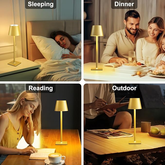 2 Pack Gold Cordless Table Lamp - 6000mAh Battery Operated Touch Lamp with 3 Color Stepless Dimming, Waterproof & Wireless for Indoor & Outdoor Use, Perfect for Living Room Camping Café Patio
