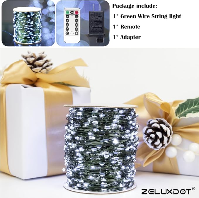 200FT 600LEDs Fairy Lights Plug in,Green Wire,Cool White | Waterproof Led String Lights,8 Modes Remote Twinkle Light for Outdoor Indoor Christmas Wedding Birthday Garden Decorations
