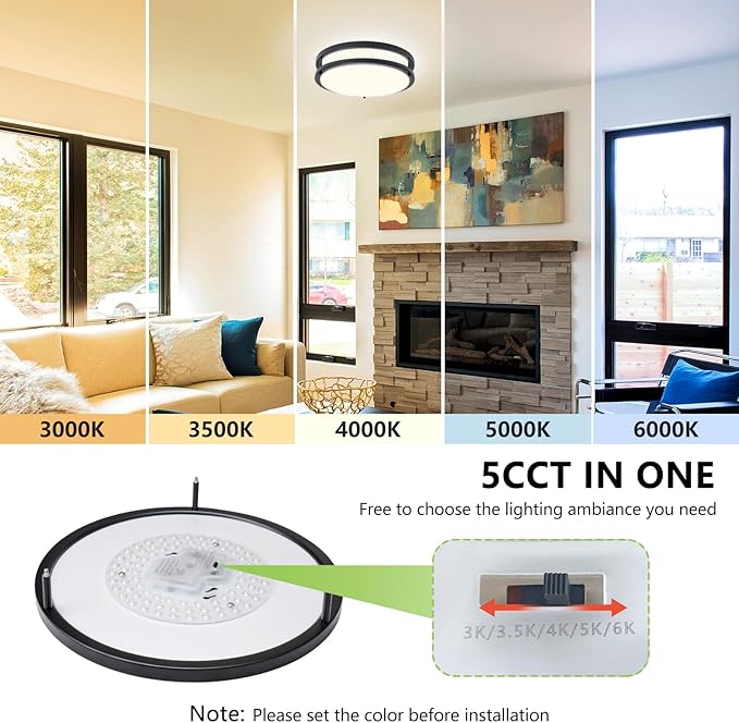Flush Mount Ceiling Light - 2 Pack 36W 3000K/3500K/4000K/5000K/6000K Dimmable Led Ceiling Light Fixture for Kitchen Hallway Bedroom Bathroom (2, Black, 12 Inch)