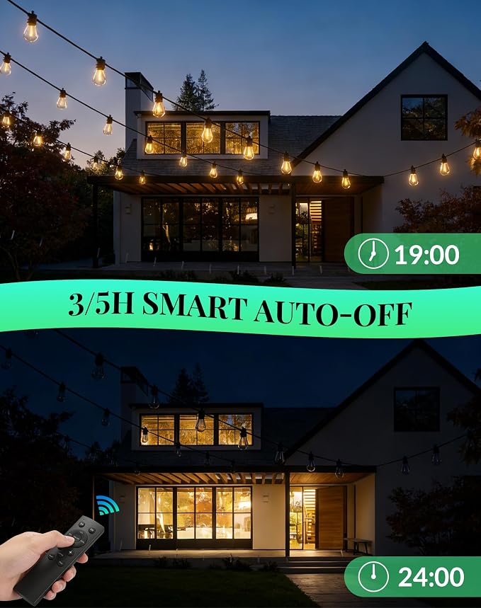 Outdoor String Lights Patio Light - 50Ft Outside Waterproof Dimmable Bulbs | S14 LED Remote Porch Light, Shatterproof Edison Bulbs Hanging Connectable Lighting for Gazebo Backyard Bistro Pergola, Timer