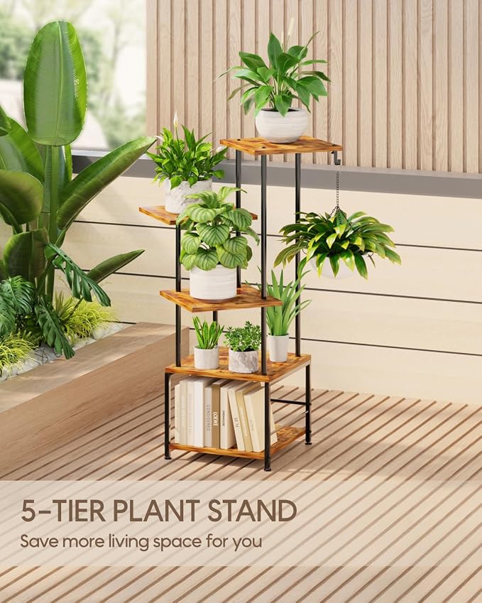 Plant Stand Indoor - 5-Tier Metal Plant Shelf with Hanging Basket Hook, Corner Tall Flower Holder for Multiple Plants, Living Room Balcony Garden Patio, Rustic Brown