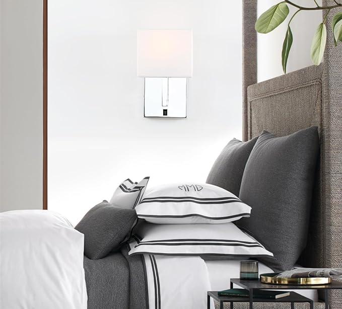 PERMO Single Wall Sconce Light Fixture Chrome Finish with White Textile Shades and On/Off Switch Button Small Modern Nightstand Lamps for Bedrooms Bedside Reading
