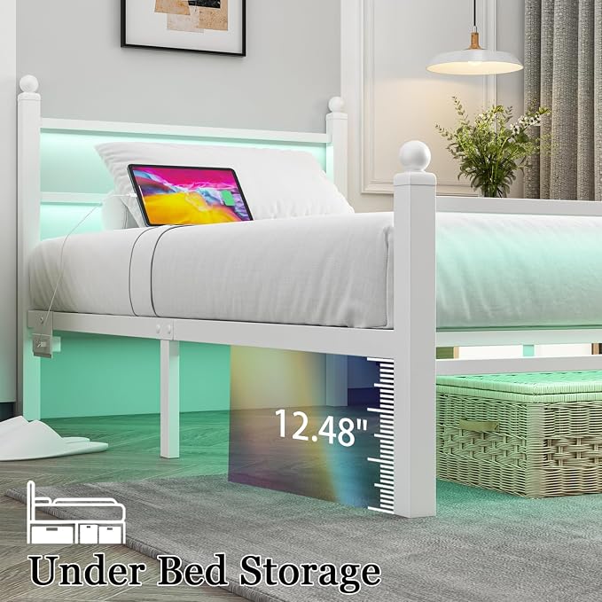 Jenmit Twin Size Bed Frames with Charging Ports&LED Lights,Heavy Duty Metal Slats Support,No Box Spring Needed,Noise Free,No Squeak,Easy Assembly,for Girls Kids,White