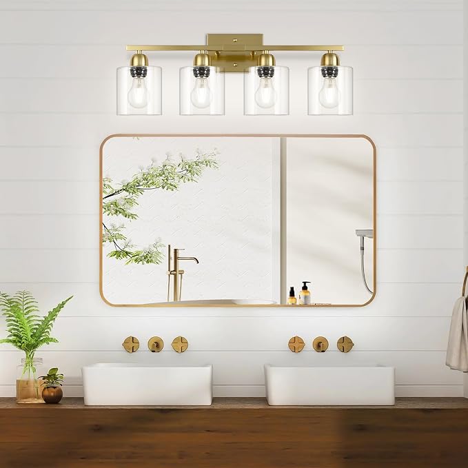 Modern Brushed Gold 4 Light Bathroom Light Fixtures, 24 inch Vanity Lights for Bathroom with Clear Glass, Bathroom Vanity Light for Mirror Kitchen Living Room Hallway Cabinet Porch