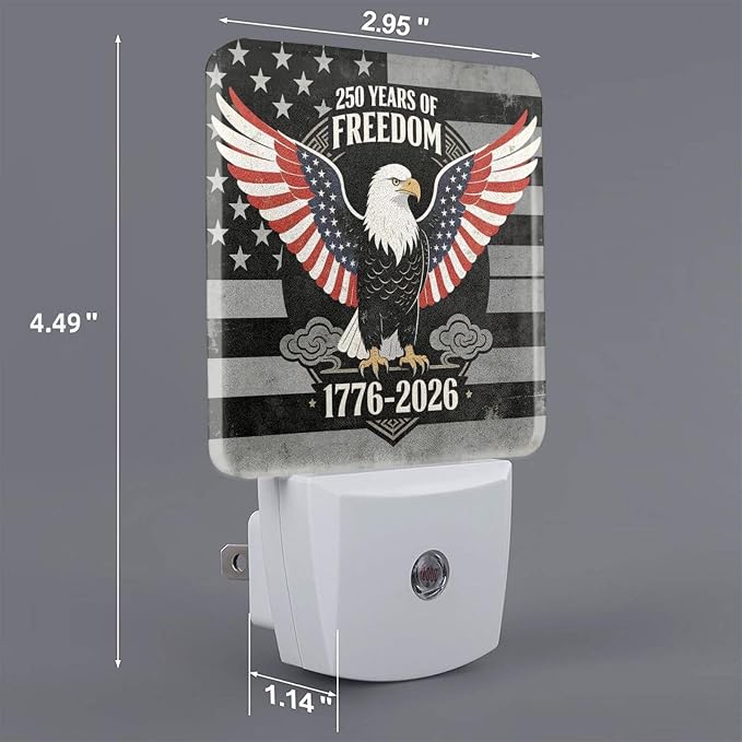 250 Years Anniversary of USA Night Light Set of 2, Patriotic Eagle Auto Sensor LED Dusk-to-Dawn Nightlights, Plug-in Sensor Lamp for Bedroom Bathroom Kitchen Hallway Stairs Decorative