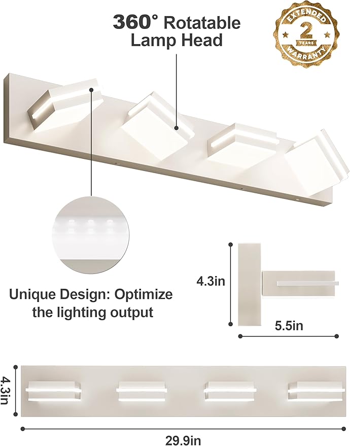 VOLISUN Modern Bathroom Vanity Light Fixtures (4-Light, 30-Inch), 5CCT Dimmable Bathroom Light Fixtures Over Mirror, 360°Rotatable Head, Brushed Nickel LED Vanity Lights for Bathroom-ETL Certificated