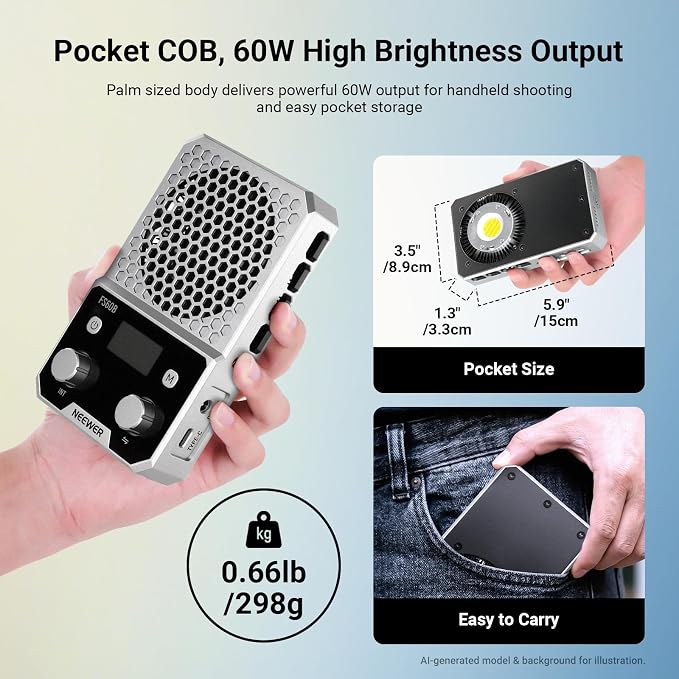 NEEWER FS60B 60W Compact Pocket Bi Color LED Light with APP/Panel Control | COB Continuous Output Lighting, 2700K-6500K, CRI96+, Portable for Professional Studio Photography, Video Recording