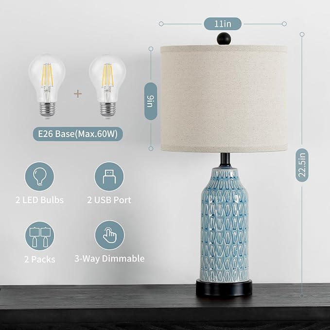 Ceramic Table Lamps for Bedroom Set of 2,Touch Lamp with USB Ports for Nightstand, 3-Way Dimmable Blue Coastal Bedside Lamps for Bedroom Living Room End Table Side Table(Bulbs Included)