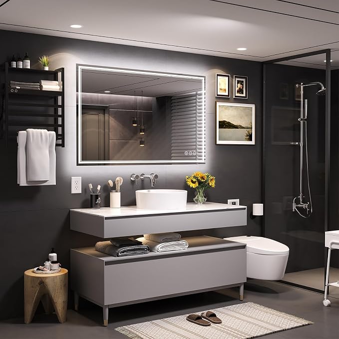 Ratsamee 48x36 Inch LED Bathroom Mirror with Frontlit & Backlit, Lighted Mirror for Bathroom Wall with 3-Color Dimmable & Anti-Fog, Vanity Mirror with Lights