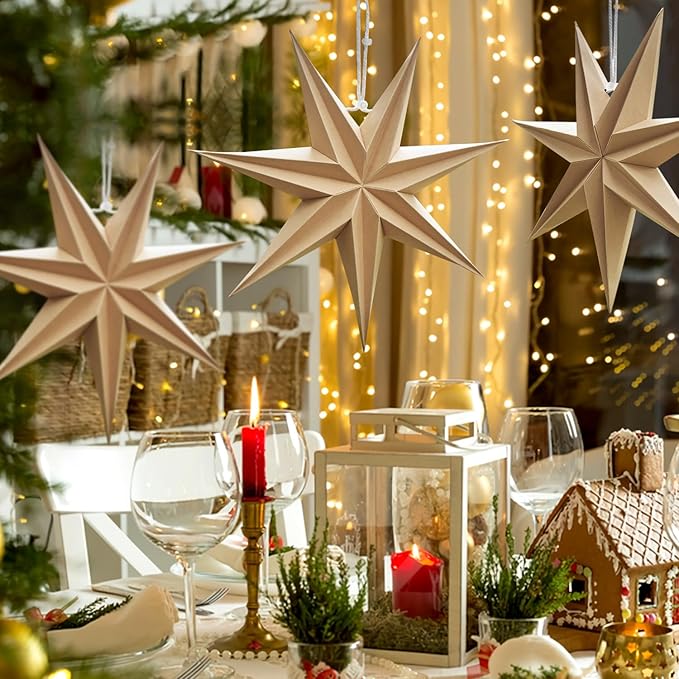 SUNBEAUTY 3 Pcs 7-Pointed Natural Paper Star Lanterns 12 Inch Christmas Hanging Lamp Rustic Paper Decorations Shade Wedding Birthday Christmas Home Party Decorations