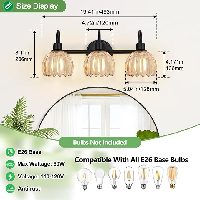 Bathroom Light Fixtures, 3-Light Black Vanity Light with Ribbed Amber Tulip Glass Shades, 20-Inch Bathroom Lighting Over Mirror for Bedroom, Living Room, Hallway (Bulbs Not Included)