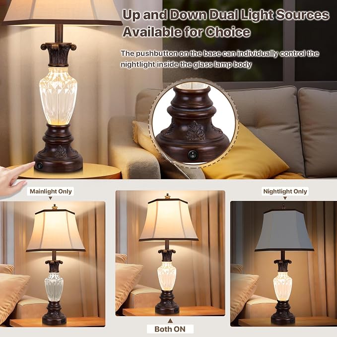 28.5" Table Lamps Set of 2, Vintage Glass Nightstand Lamps with USB Ports | Farmhouse Lamps for Living Room Bedroom, 3-Color Temperatures Bedside Lamp, Resin Brown Lamp with Nightlight, Bulbs Included