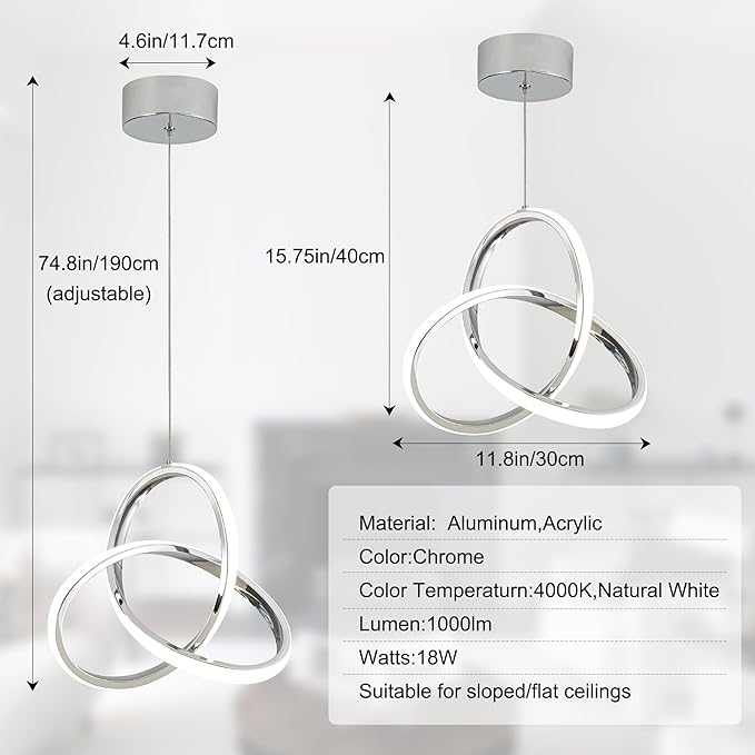 MAYNA Spiral LED Pendant Light, 4000K Natural White Modern Pendant Lights Kitchen Island, 18W Adjustable Height Island Lights for Kitchen Bedroom Dinning Room Living Room, 1 Pack (Chrome)