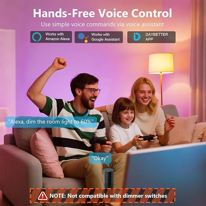 DAYBETTER Smart Light Bulbs,Compatible with Alexa & Google Home | 4Pack A19 E26 Bulbs, 800LM 60W Equivalent,Dimmable RGB+CCT Color Changing,2.4GHz WiFi & Bluetooth,Music Sync,Preset Scenes