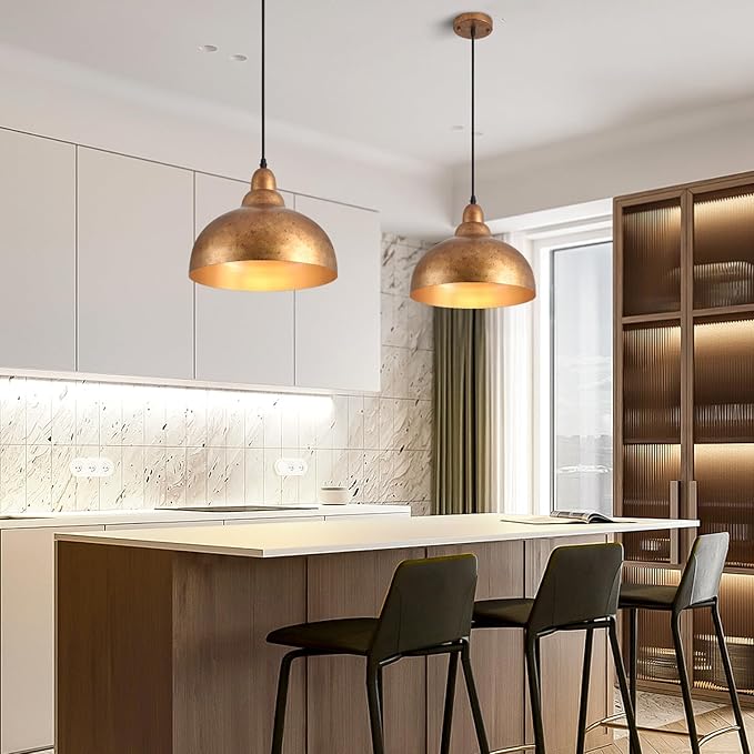 Ziqqeelam 2 Pack 11.8" Copper Pendant Light Kitchen Island Farmhouse Hanging Pendant Light Fixtures, Vintage Dome Pendant Lights Kitchen Island, Dome Chandelier for Kitchen Island Dining Room