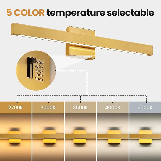 Gold Bathroom Vanity Light - 24 Inch 20W Dimmable 5CCT LED Bathroom Light Fixtures Over Mirror, Modern Vanity Light Bar for Bathroom Mirror Cabinets Bedroom