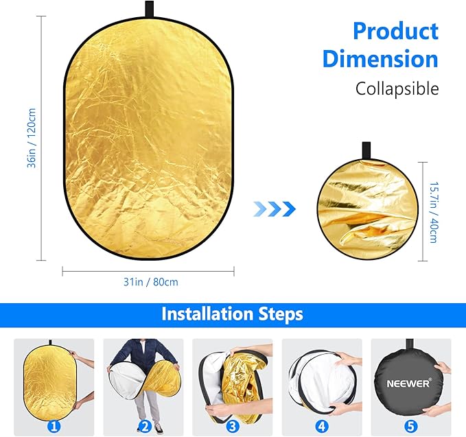 NEEWER 31"x47"/80x120cm Light Reflectors for Photography, Portable 5 in 1 Collapsible Multi Disc with Bag - Translucent, Silver, Gold, Black, White Diffuser for Studio and Outdoor Lighting