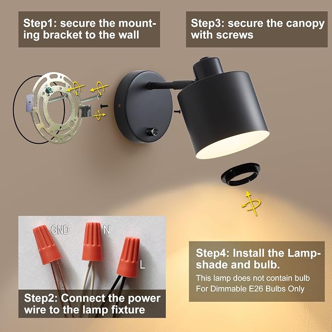 Lightess Black Farmhouse Hardwired Wall Sconce with Dimmer Switch Set of 2 | Dimmable Switch Wall Lights Industrial Rustic Housing, Hardwired Mount Works Great For Bedroom Hallway Living Room Indoor