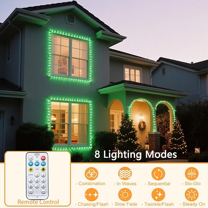 Vigdur 66FT Solar Rope Lights Outdoor - 200 LEDs Green Rope Lights Outdoor Waterproof with Remote & Timer & 8 Lighting Modes, Solar Trampoline Light for Pool Tree Garden Yard Home Camping