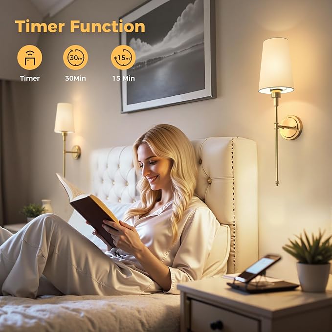 Battery Operated Wall Sconce: Set of 2 Wireless Wall Light 12000mAh | 15 Color Rechargeable Wall Sconces, Sconce Wall Decor Set of 2 for Bedroom, Living Room, Gold, 27in