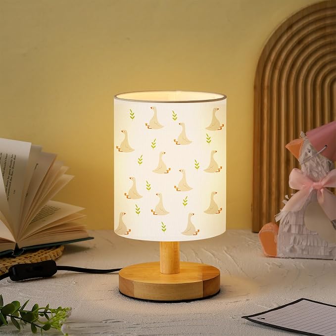Silly Goose Kids Table Lamp for Bedroom Kids Bedside Lamp with Linen Wooden Nightstand Cartoon Nursery Lampshade for Girls Boys Living Room