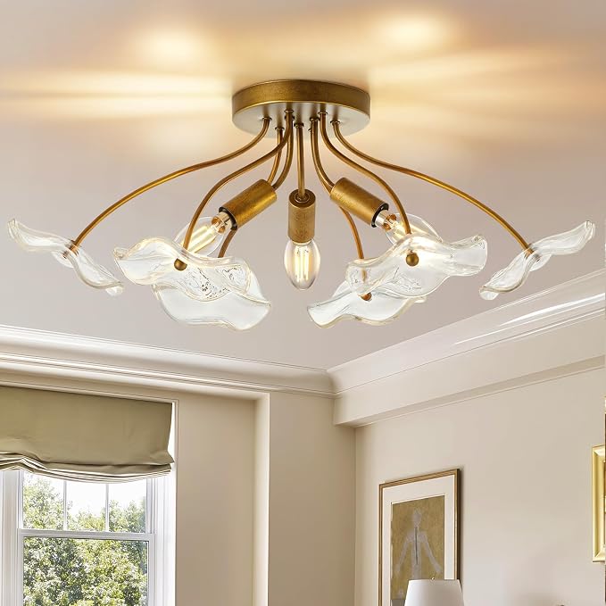 Luvkczc Semi Flush Mount Ceiling Light, Modern Gold Ceiling Light Fixture, Vintage Brass Lighting for Kitchen Entryway Hallway Bathroom Bedroom Foyer, 3 Light E12 Socket