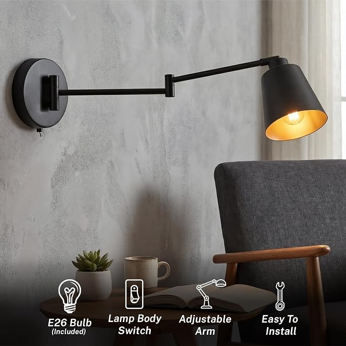 OSYNNIQ Wall Sconce Light with Adjustable Swing Arm for Bedside Reading | Wall Lamp, Modern, Industrial, Lighting Fixture, Black, Hardwired, for Bedroom/Living Room/Indoor, LED E26 Bulb Included