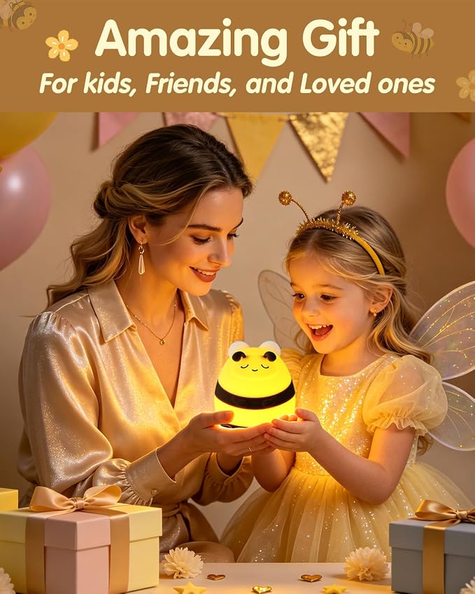 YISUN Bee Silicone LED Night Light, 3 Level Dimmable Kids Room Nursery Lamp | Soft Squishy, Rechargeable Bedside Touch Light, Novelty Animal Lamp for Boys Girls Toddlers