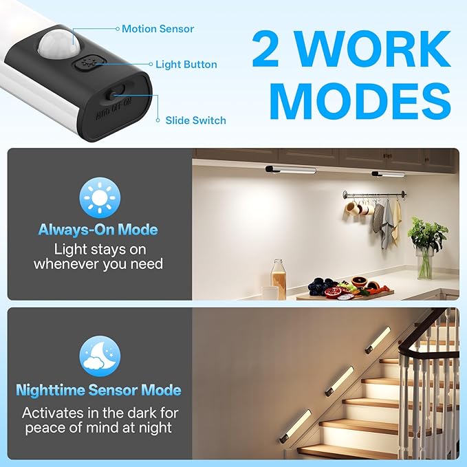 8inch Under Cabinet Lighting Wireless Closet Light Battery Operated | 3Pack Motion Sensor Light Indoor,3color Dimmable Closet Light Rechargeable Wireless,Under Counter Lights for Kitchen,Hallway