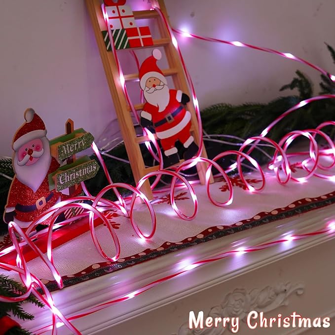 YEGUO Solar Rope Light Outdoor Waterproof, 66ft 200 LED Candy Cane String Lights, 8 Modes Tube Christmas Lights in Clear Thin Tube