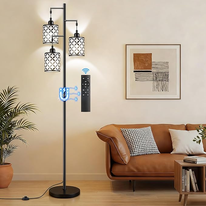 New Upgraded 72" Tall Dimmable Floor Lamp with 3 x 1100LM 12W Bright LED Bulbs, Farmhouse Standing Lamp with Remote Control, Industrial Tree Pole Floor Lamps for Living Room, Bedroom, Office - Black