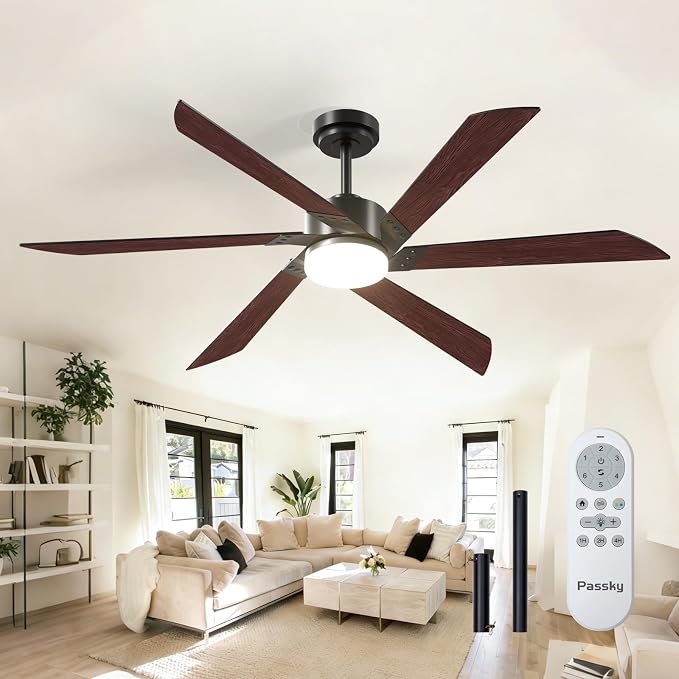Passky 60 Inch Black Contemporary Ceiling Fans with Lights, Remote Control | 3CCT dimmable light, quiet DC motor, reversible airflow; black contemporary style for bedroom and living room