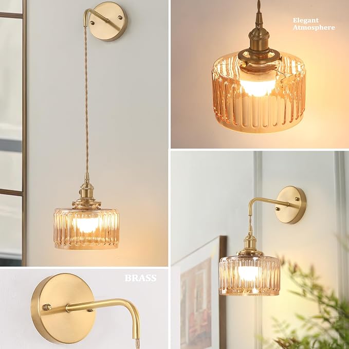 Shenmoyl Battery Operated Wall Sconce with Amber Striped Shade Pattern Glass Adjustable Chain Retro Gold Wall Mounted Light, Modern Wall Decor for Bedside Bedroom Indoor Doorway， Set of 2