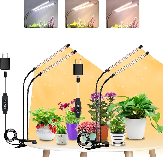Grow Lights for Indoor Plants, Full Spectrum 2 Head Clip Plant Lights | 320 LEDs Clamp Grow Lamp for Plants Growing,3 Spectra, Auto ON & Off,3/9/12H Timer,10 Brightness,10 Feet Cable, 2 Pack
