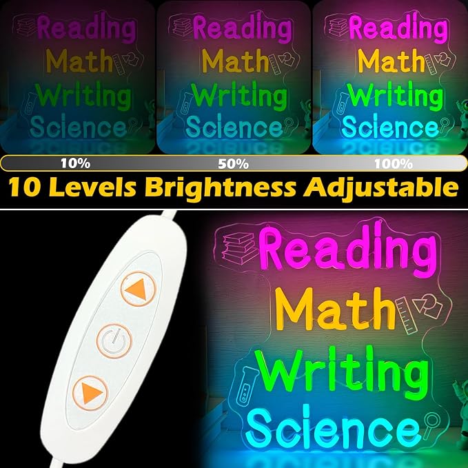 Reading Math Writing Science Neon Sign Dimmable Classroom Neon Light for Reading Room Bedroom Classroom LED Sign for Wall Decor Colorful Kids LED Light Gifts for Teachers Classroom Backdrop Aesthetic Decoration