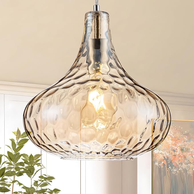 11 Inch Amber Hammered Glass Pendant Light Brushed Nickel Ceiling Lamp | Adjustable height, standard E26 bulb, versatile decor fixture for dining area, kitchen island living room & entry hallway